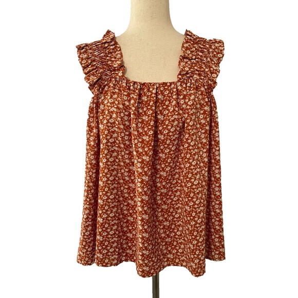 Entro Womens Ruffle Floral Sleeveless Blouse Size M Brown White Boho Cottagecore - Picture 1 of 8